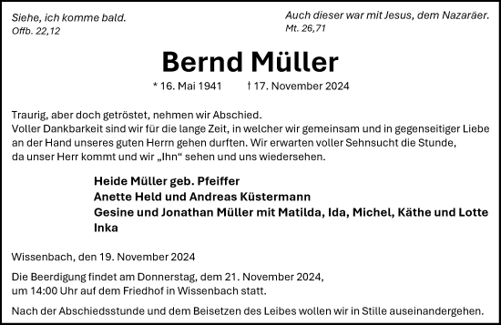 Traueranzeige von Bernd Müller von Dill Block