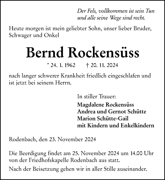 Traueranzeige von Bernd Rockensüss von Dill Block