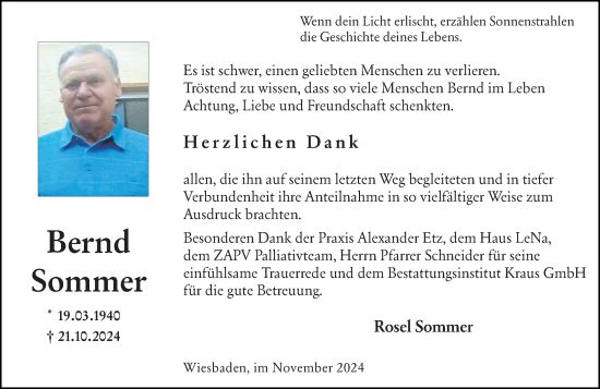 Traueranzeige von Bernd Sommer von Wiesbadener Kurier