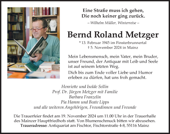 Traueranzeige von Bernd Roland Metzger von Allgemeine Zeitung Mainz