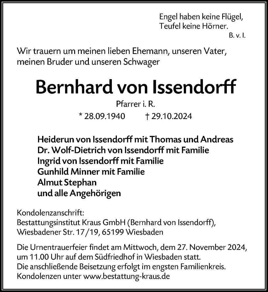  Traueranzeige für Bernhard von Issendorff vom 16.11.2024 aus Wiesbadener Kurier