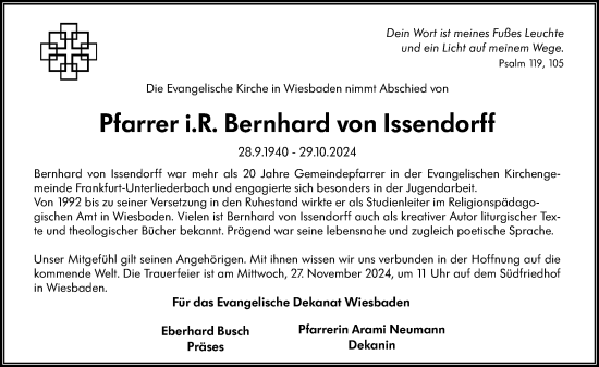 Traueranzeige von Bernhard von Issendorff von Wiesbadener Kurier