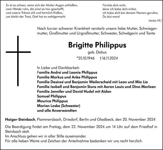 Traueranzeige von Brigitte Philippus von Dill Block