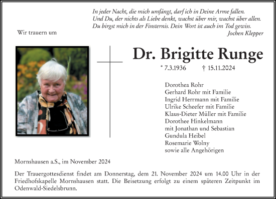 Traueranzeige von Brigitte Runge von Hinterländer Anzeiger