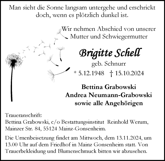 Traueranzeige von Brigitte Schell von Allgemeine Zeitung Mainz