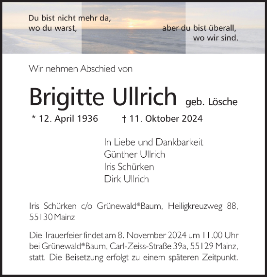 Traueranzeige von Brigitte Ullrich von Allgemeine Zeitung Mainz