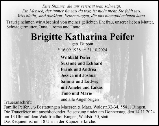 Traueranzeige von Brigitte Katharina Peifer von Allgemeine Zeitung Rheinhessen-Nahe