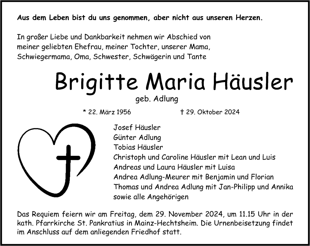  Traueranzeige für Brigitte Maria Häusler vom 09.11.2024 aus Allgemeine Zeitung Mainz