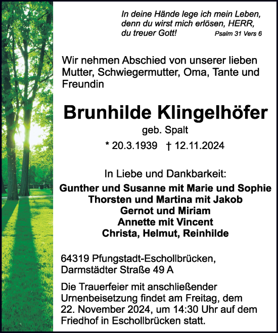 Traueranzeige von Brunhilde Klingelhöfer von Darmstädter Echo