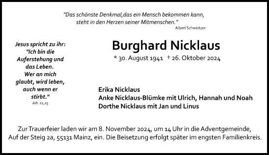 Traueranzeige von Burghard Nicklaus von Allgemeine Zeitung Mainz