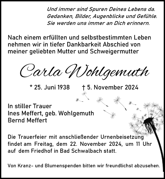 Traueranzeige von Carla Wohlgemuth von Wiesbadener Kurier