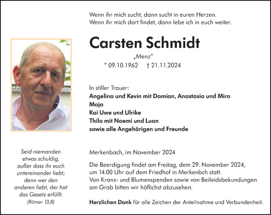 Traueranzeige von Carsten Schmidt von Dill Block