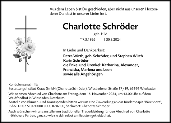 Traueranzeige von Charlotte Schröder von Wiesbadener Kurier