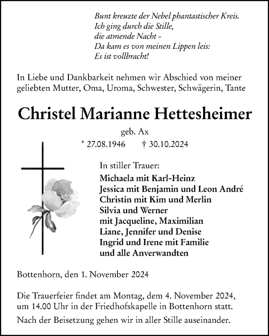 Traueranzeige von Christel Marianne Hettesheimer von Hinterländer Anzeiger