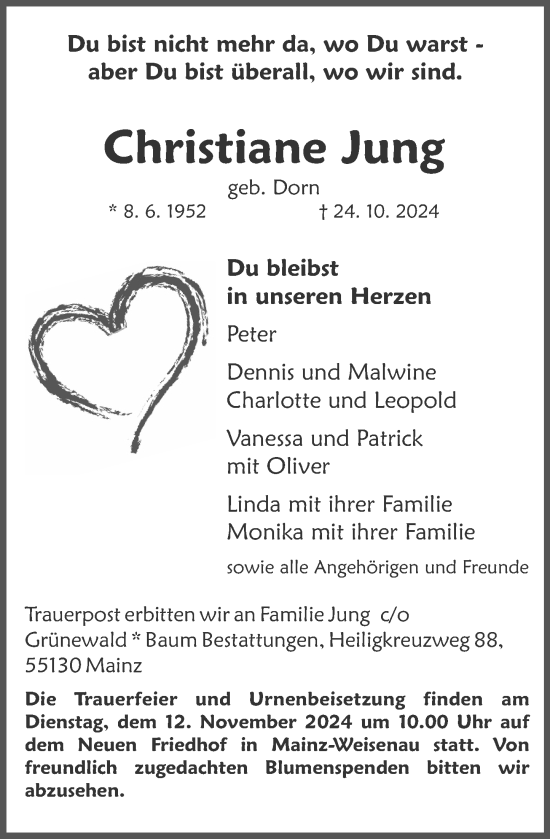 Traueranzeige von Christiane Jung von Allgemeine Zeitung Mainz