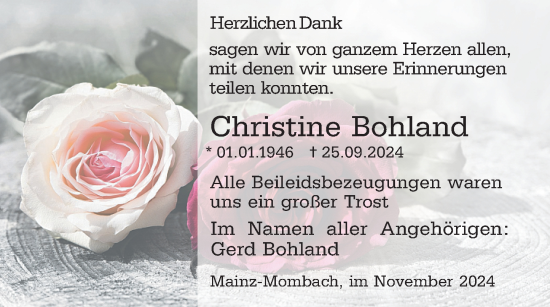 Traueranzeige von Christine Bohland von Allgemeine Zeitung Mainz