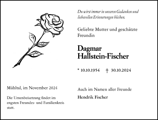 Traueranzeige von Dagmar Hallstein-Fischer von Odenwälder Echo