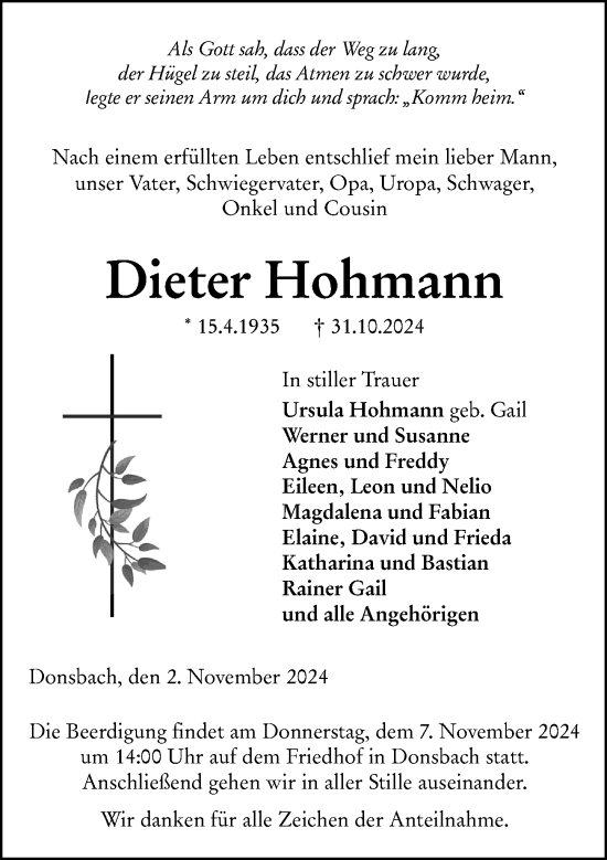 Traueranzeige von Dieter Hohmann von Dill Block