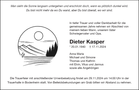 Traueranzeige von Dieter Kasper von Allgemeine Zeitung Mainz