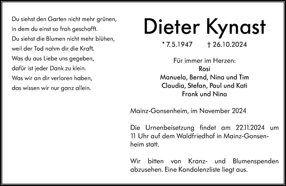  Traueranzeige für Dieter Kynast vom 16.11.2024 aus Allgemeine Zeitung Mainz