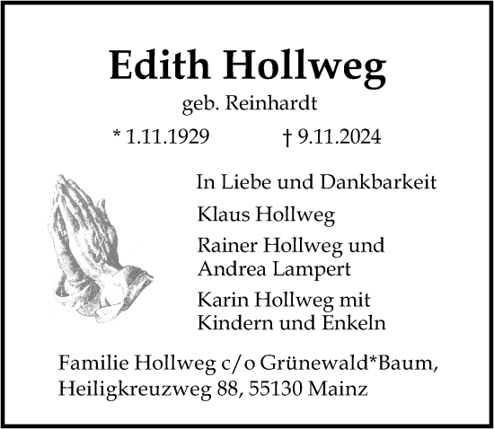 Traueranzeige von Edith Hollweg von Allgemeine Zeitung Mainz