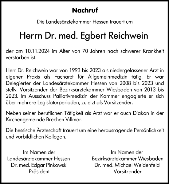 Traueranzeige von Egbert Reichwein von Nassauische Neue Presse