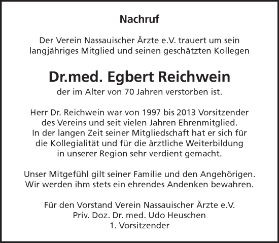 Traueranzeige von Egbert Reichwein von Nassauische Neue Presse