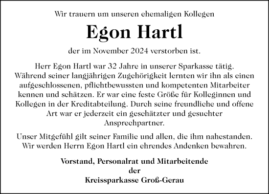 Traueranzeige von Egon Hartl von Rüsselsheimer Echo