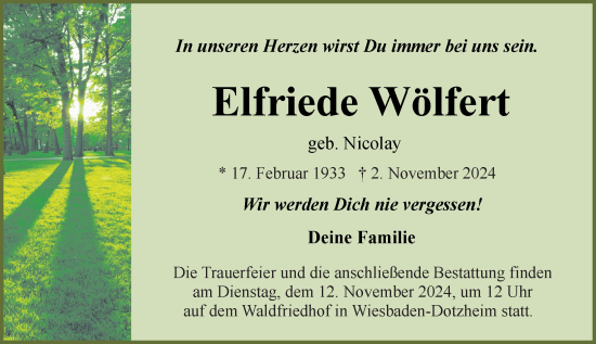 Traueranzeige von Elfriede Wölfert von Wiesbadener Kurier