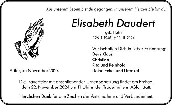 Traueranzeige von Elisabeth Daudert von Wetzlarer Neue Zeitung