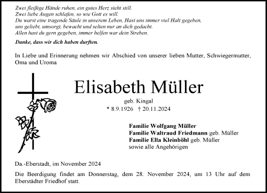 Traueranzeige von Elisabeth Müller von Darmstädter Echo