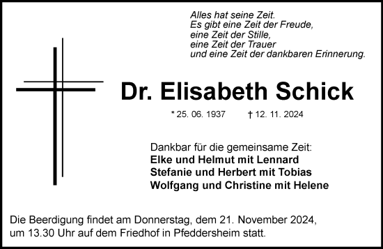 Traueranzeige von Elisabeth Schick von Wormser Zeitung