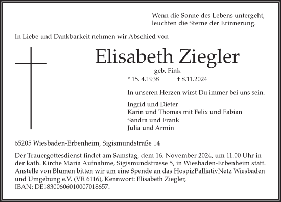 Traueranzeige von Elisabeth Ziegler von Wiesbadener Kurier