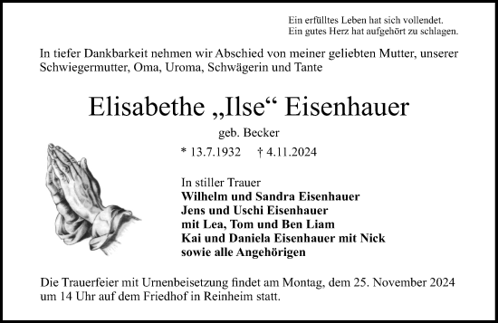 Traueranzeige von Elisabethe Eisenhauer von Darmstädter Echo