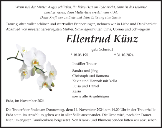 Traueranzeige von Ellentrud Künz von Wetzlarer Neue Zeitung