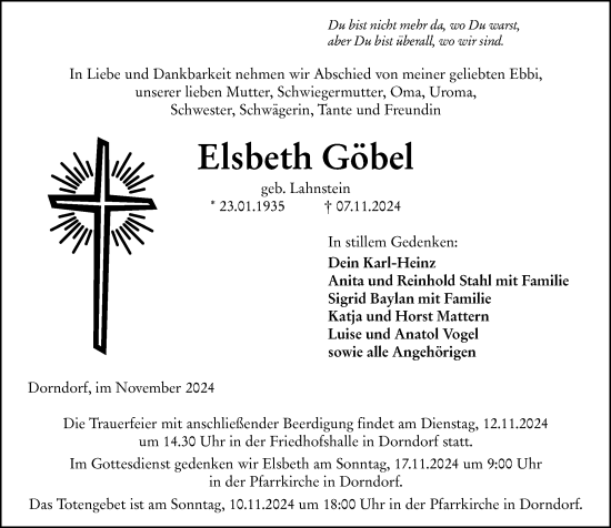 Traueranzeige von Elsbeth Göbel von Nassauische Neue Presse