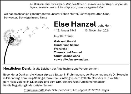 Traueranzeige von Else Hanzel von Dill Block