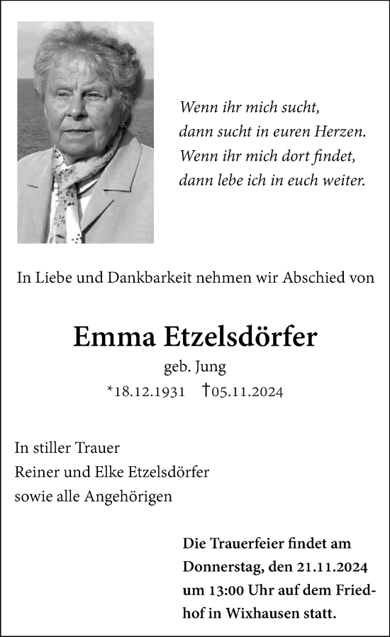 Traueranzeige von Emma Etzelsdörfer von Darmstädter Echo