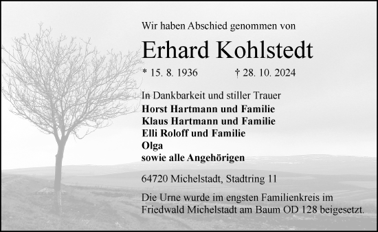 Traueranzeige von Erhard Kohlstedt von Odenwälder Echo