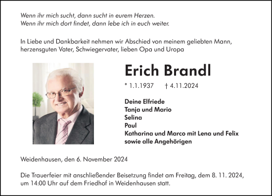 Traueranzeige von Erich Brandl von Hinterländer Anzeiger