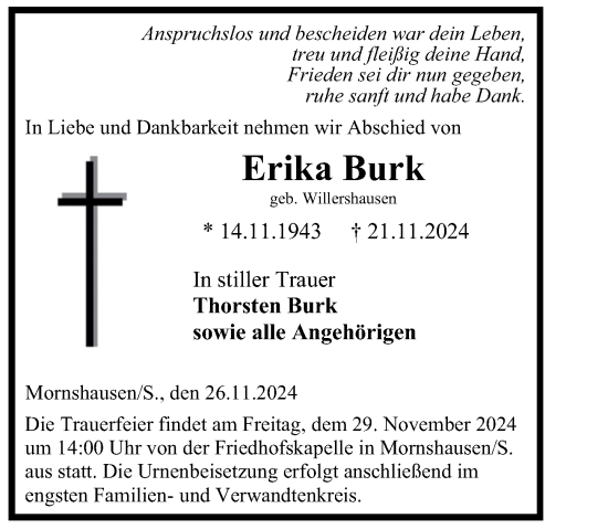 Traueranzeige von Erika Burk von Hinterländer Anzeiger