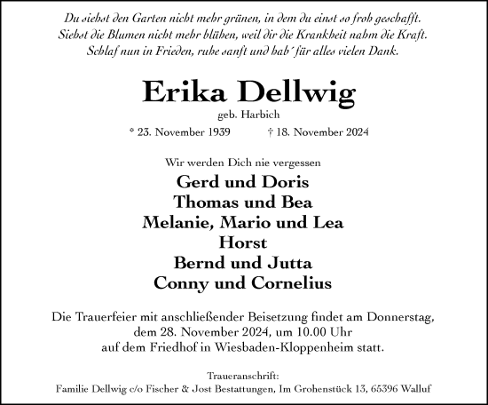 Traueranzeige von Erika Dellwig von Wiesbadener Kurier