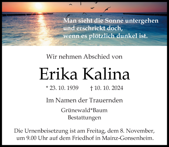 Traueranzeige von Erika Kalina von Allgemeine Zeitung Mainz