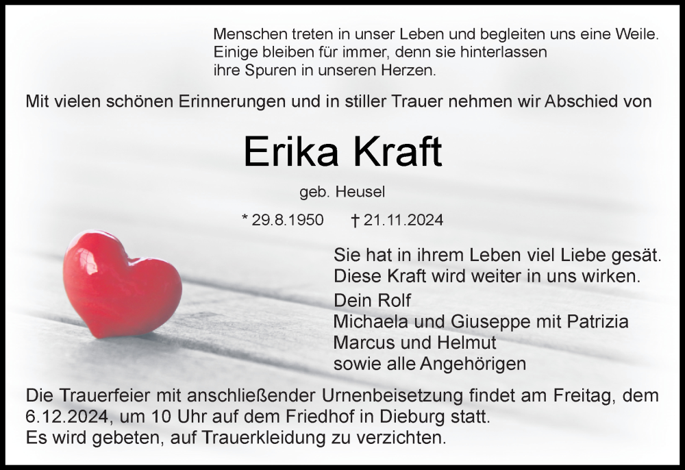  Traueranzeige für Erika Kraft vom 30.11.2024 aus Dieburger Anzeiger/Groß-Zimmerner Lokal-Anzeiger