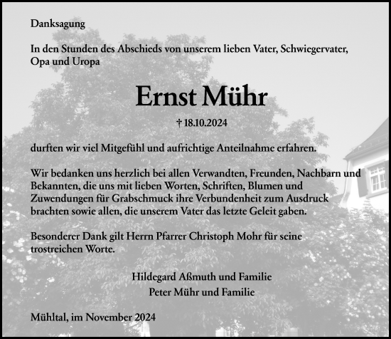 Traueranzeige von Ernst Mühr von Darmstädter Echo