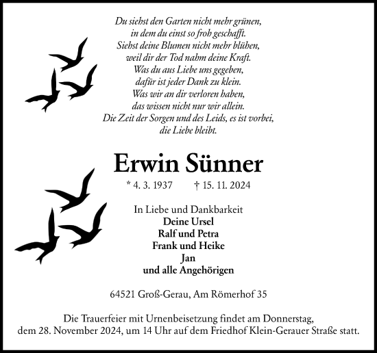 Traueranzeige von Erwin Sünner von Groß-Gerauer Echo