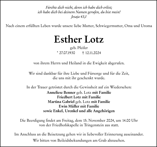 Traueranzeige von Esther Lotz von Dill Block