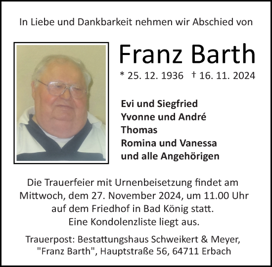 Traueranzeige von Franz Barth von Odenwälder Echo