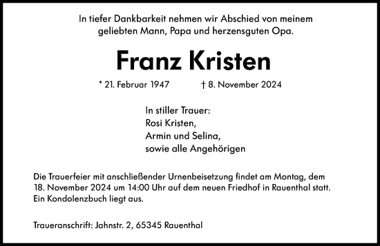 Traueranzeige von Franz Kristen von Rheingau Kurier