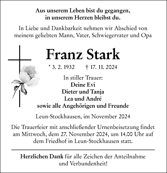 Traueranzeige von Franz Stark von Wetzlarer Neue Zeitung